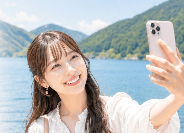 湖を背景に自撮りする女性